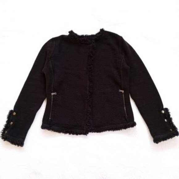 Nic+Zoe Jacket Black Textured Open Front Fringe Trim & Snap Cuff Detail Size XS - Picture 7 of 15